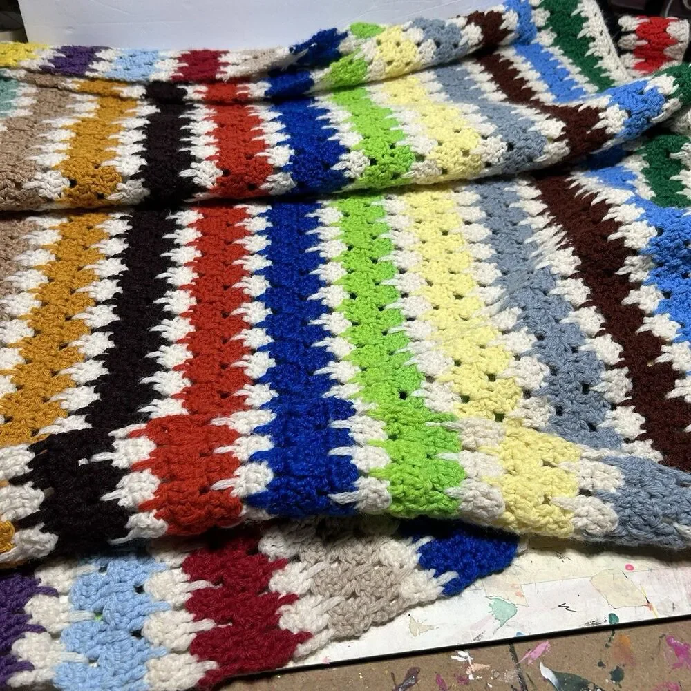 Handmade Afghan Crochet Throw Lap Blanket Striped Multicolor